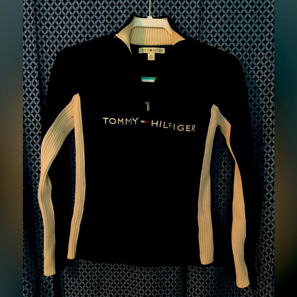 Tommy Hilfiger Black V-Neck Sweater with Cream Stripe Panels